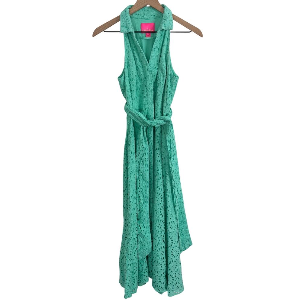 Lilly Pulitzer Chrisella Eyelet Embroidered Midi Belted Shirt Dress Green Size 0 - Picture 2 of 14